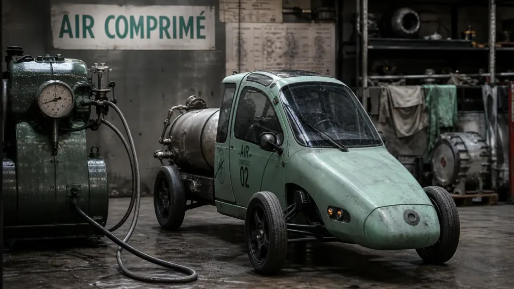 Air comprimé voiture d’essai silencieuse sur atelier, compresseur et réservoir visibles