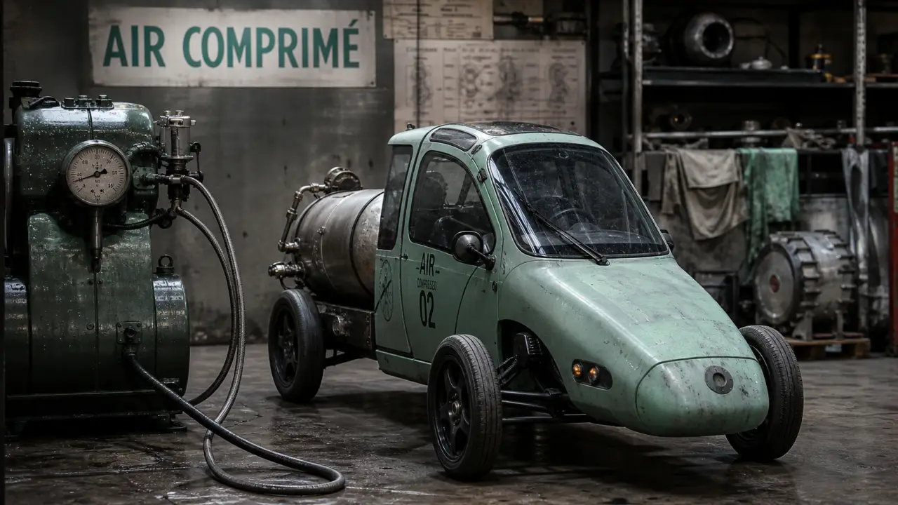 Air comprimé voiture d’essai silencieuse sur atelier, compresseur et réservoir visibles