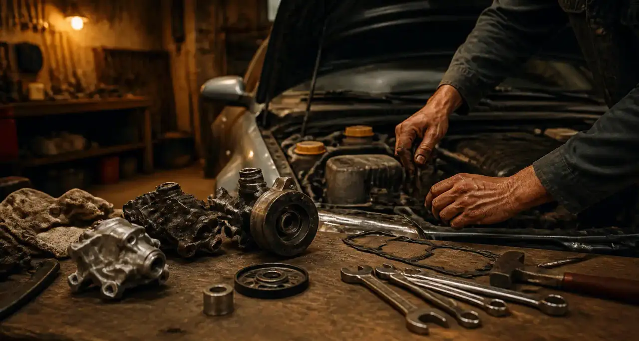 Mécanicien travaillant sur un moteur dans un atelier de garage indépendant, pièces détachées neuves et de réemploi sur l'établi