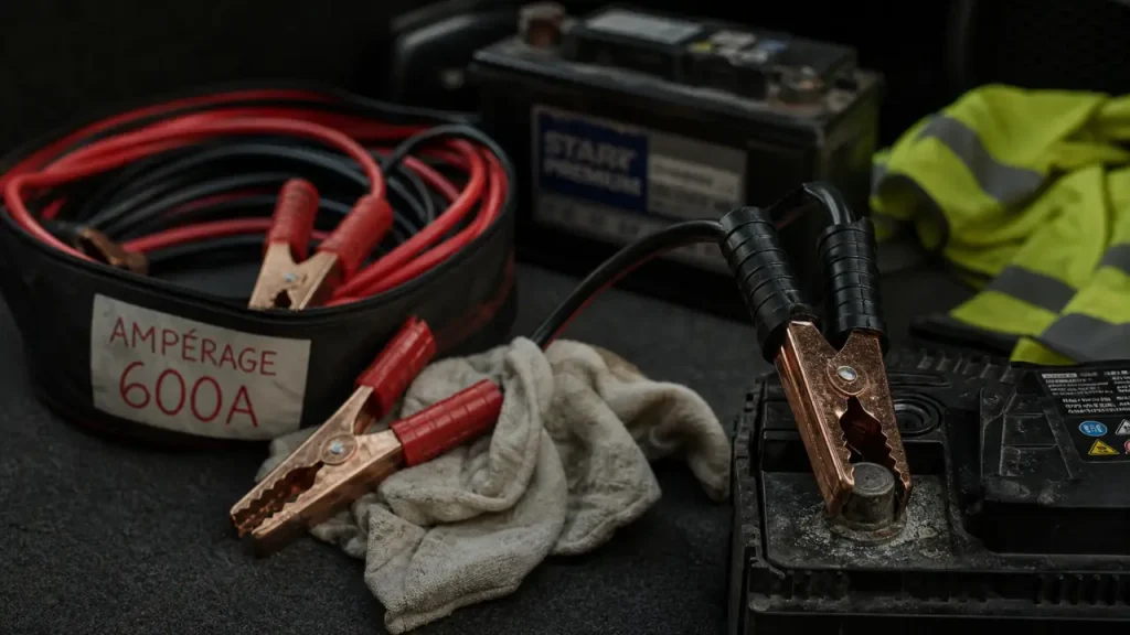 Câble pour démarrage voiture rouge et noir avec pinces sur batterie