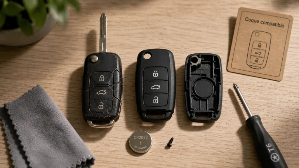Coque de cle de voiture fissurée et coque compatible neuve, vérification boutons et lame