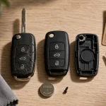 Coque de cle de voiture fissurée et coque compatible neuve, vérification boutons et lame