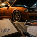 Cote youngtimer : carnet, factures et carte grise près d’une BMW E46 orange au garage