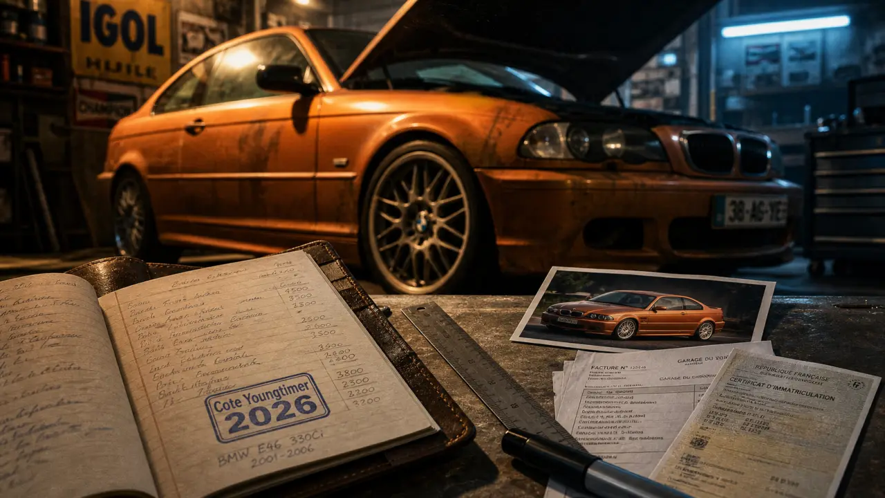Cote youngtimer : carnet, factures et carte grise près d’une BMW E46 orange au garage