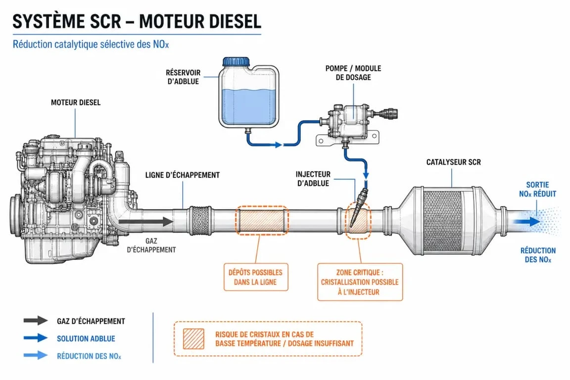Schéma du fonctionnement du système AdBlue et points de cristallisation dans un moteur diesel