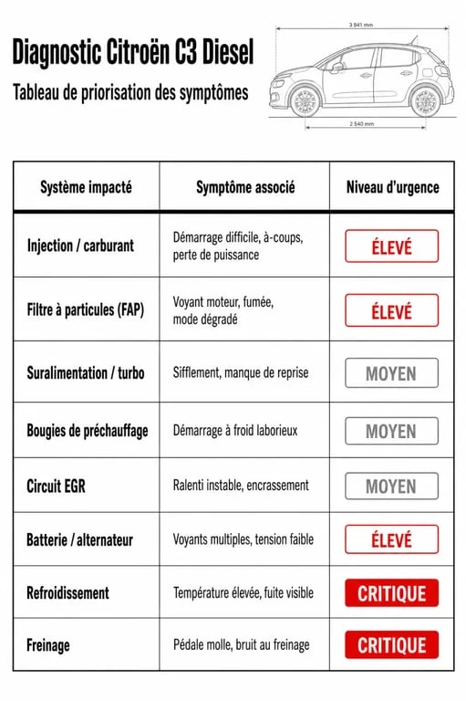 Tableau de diagnostic des causes du message défaut moteur sur Citroën C3 diesel