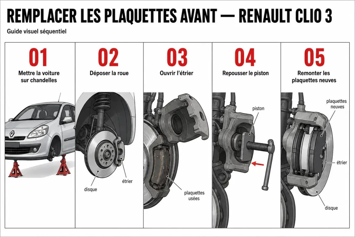 Changer les plaquettes de frein clio 3 : illustration des étapes de remplacement des plaquettes avant