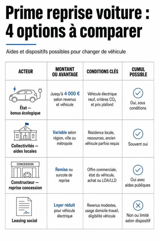 Prime reprise voiture : infographie comparative entre bonus écologique, aides locales, reprise constructeur et leasing social