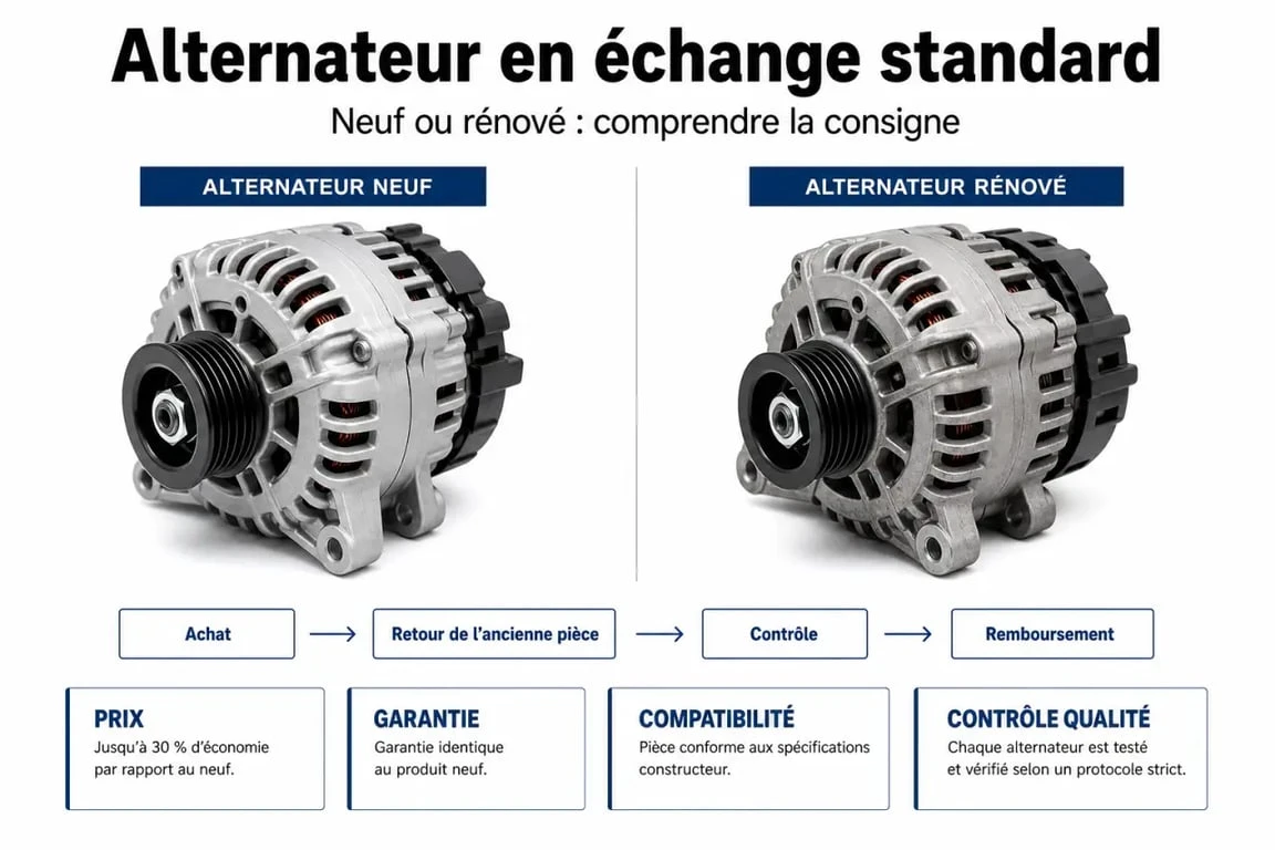 Alternateur en échange standard : comparatif visuel avec alternateur neuf et fonctionnement de la consigne