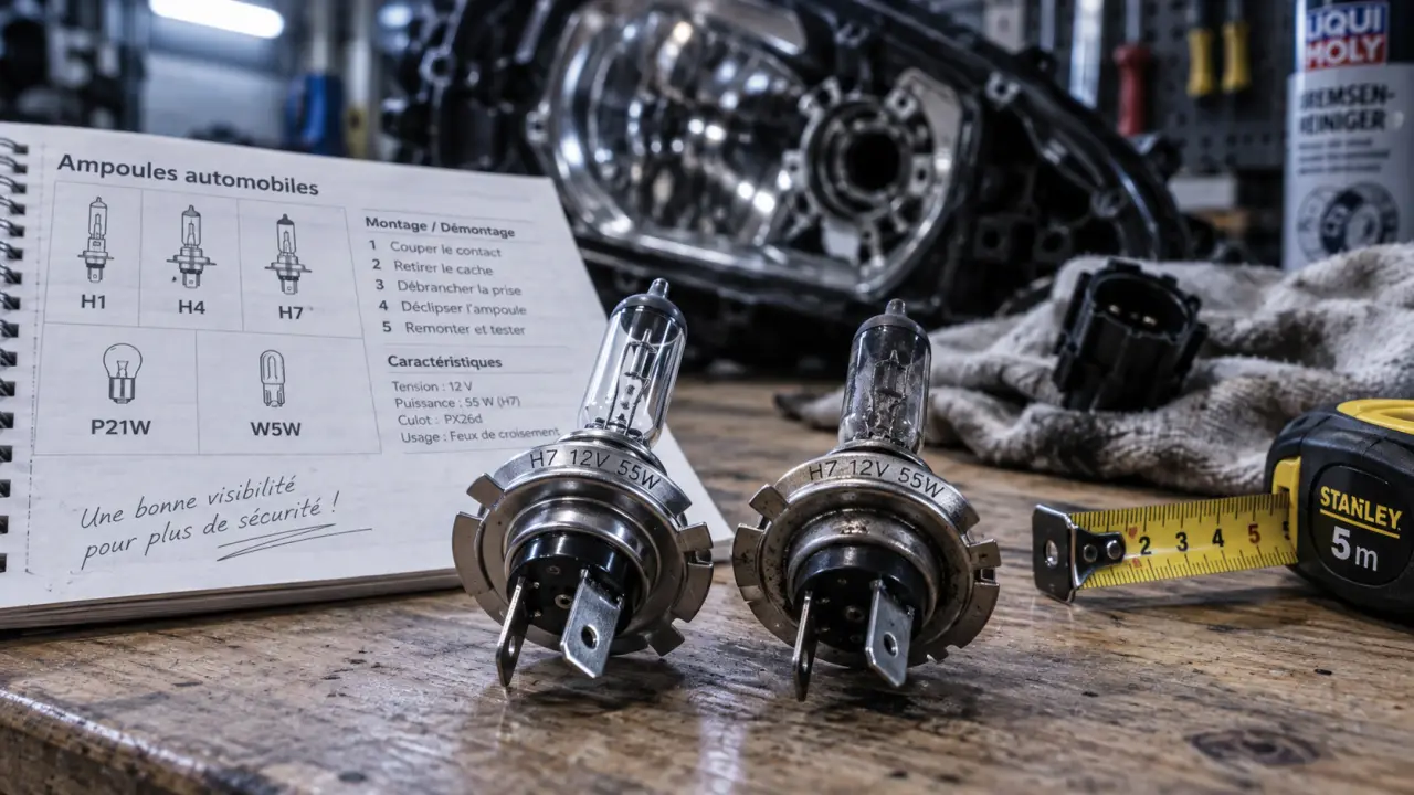 Ampoule voiture type H7 et anciennes, culot en gros plan pour choisir