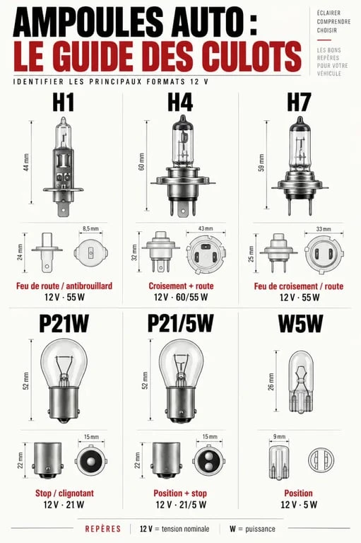 Infographie sur le type d’ampoule voiture H1 H4 H7 P21W et W5W