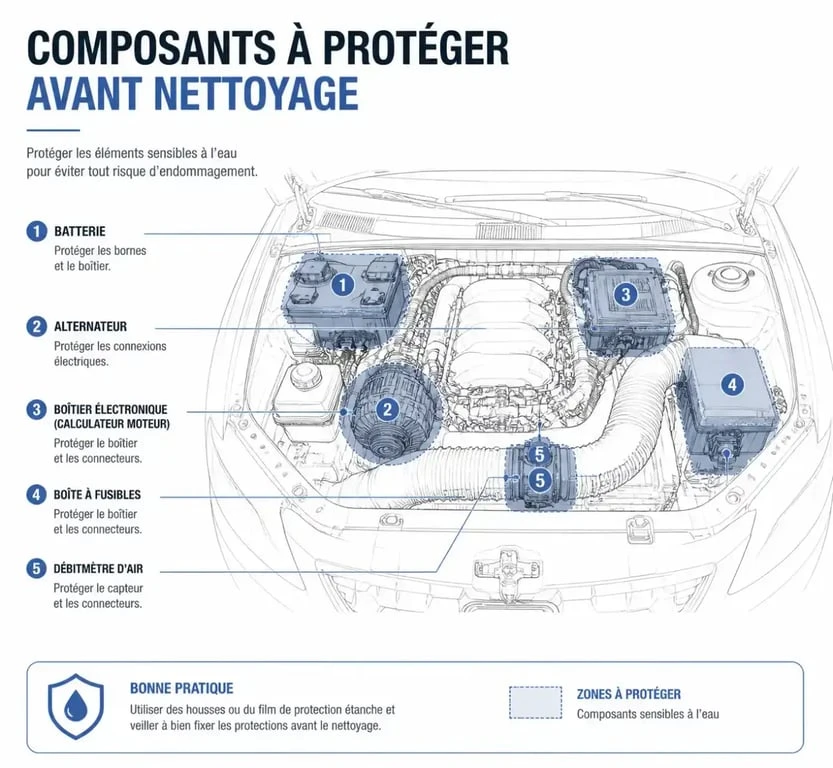 Schéma des éléments à protéger avant de nettoyer un moteur de voiture