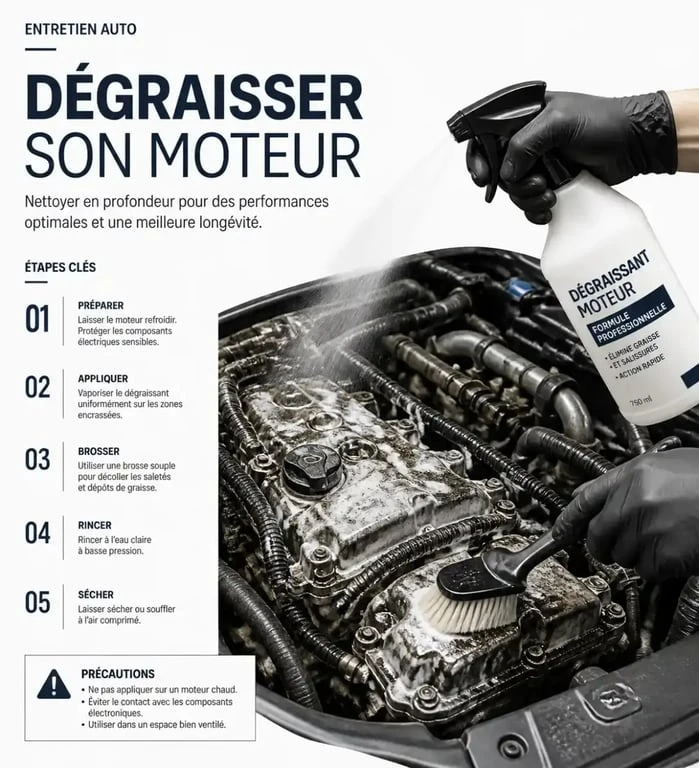 Étapes de nettoyage moteur avec dégraissant et brosse souple