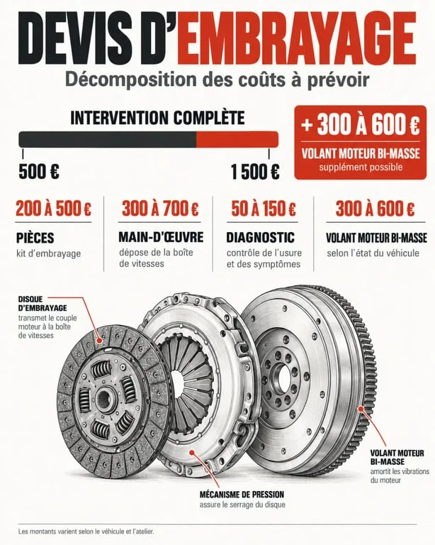 Devis pour embrayage : répartition du prix entre kit, volant moteur et main-d’œuvre