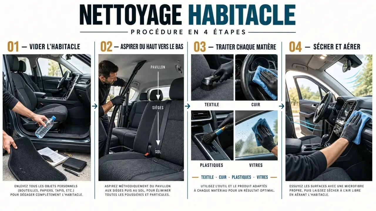 Étapes illustrées pour réussir un nettoyage habitacle voiture