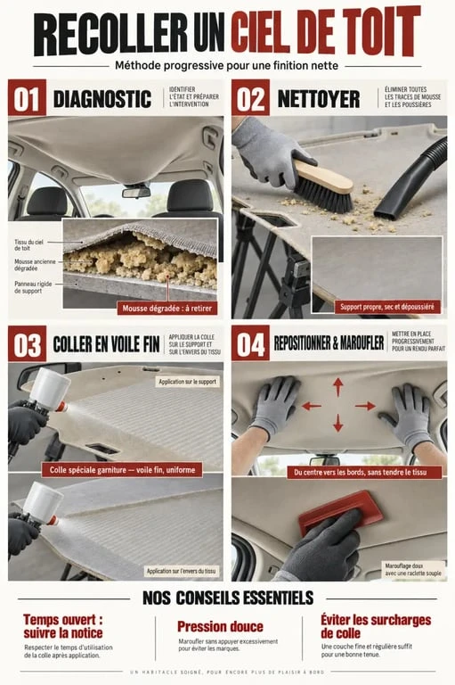 Étapes pour recoller un ciel de toit de voiture sans démontage complet