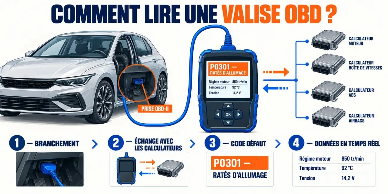 Fonctionnement d’une obd valise connectée à la prise OBD-II d’une voiture