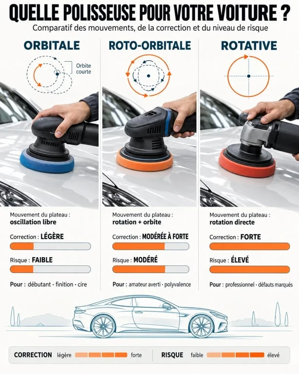 Infographie comparative pour choisir la meilleur polisseuse voiture entre orbitale, roto-orbitale et rotative
