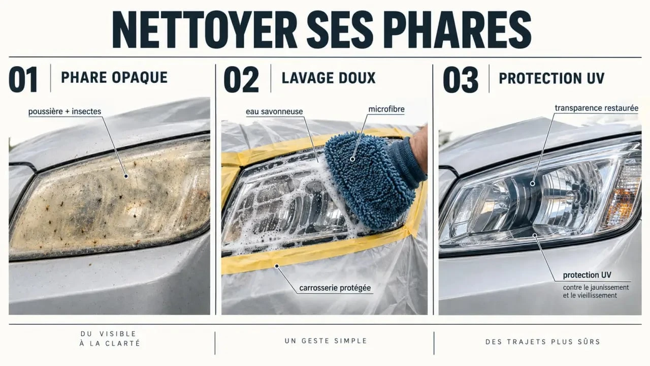 Étapes du nettoyage des phares de voiture, du phare opaque au phare rénové