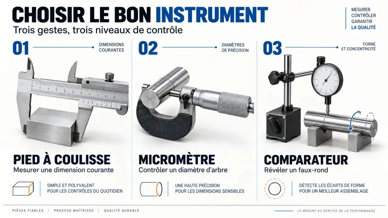 Appareil de mesure de précision mécanique : pied à coulisse, micromètre et comparateur