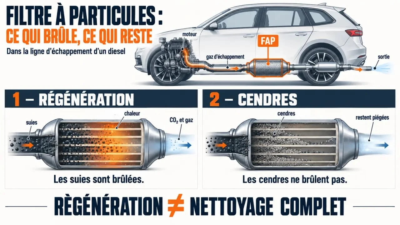 Schéma du changement filtre à particule, de la régénération et de l’accumulation des cendres