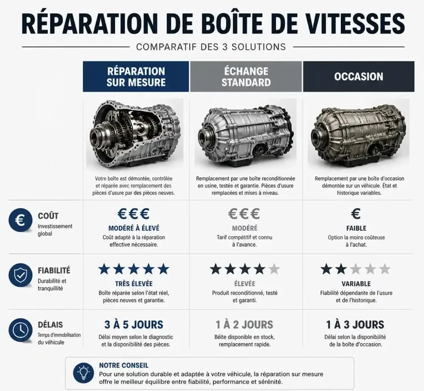Comparatif des solutions de réparation boite de vitesse : réparation, échange standard et occasion