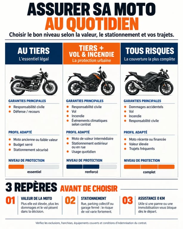Infographie pour bien assurer sa moto pour les trajets quotidiens selon la formule choisie