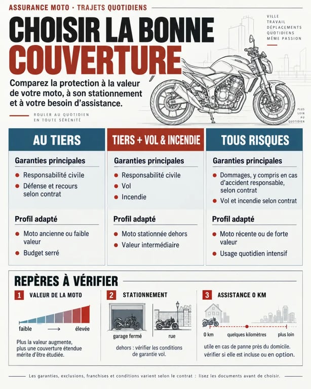 Infographie pour bien assurer sa moto pour les trajets quotidiens selon la formule choisie