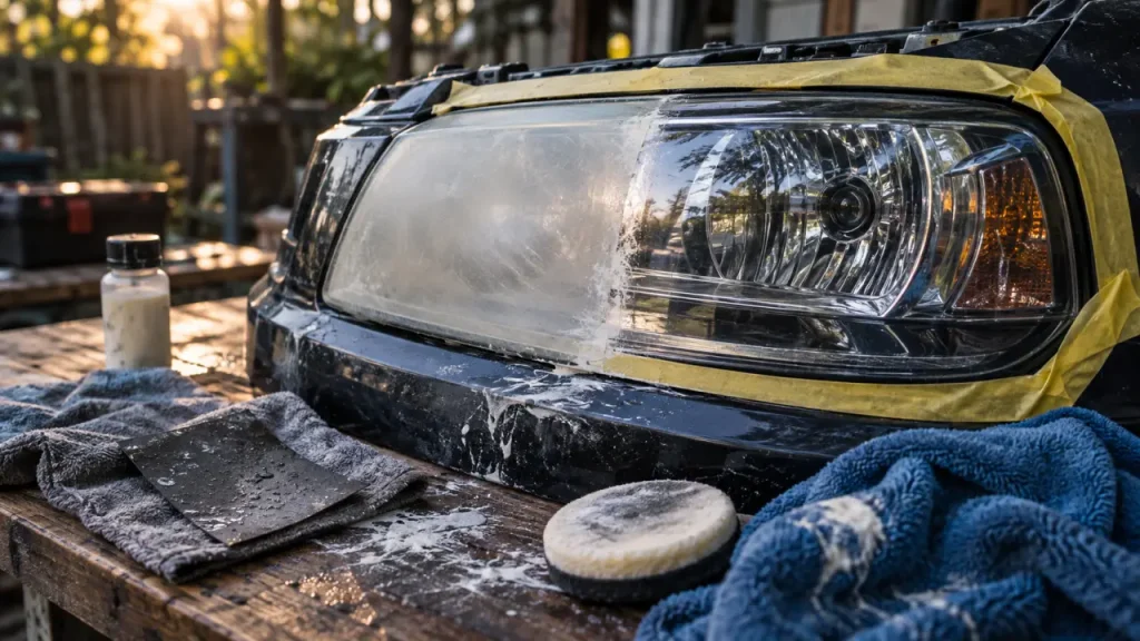 Nettoyage des phares voiture : phare terne avant, brillant après polissage