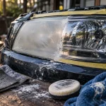Nettoyage des phares voiture : phare terne avant, brillant après polissage