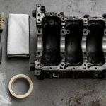 Nettoyer un moteur : dégraissant, brosse et chiffon microfibre sur établi