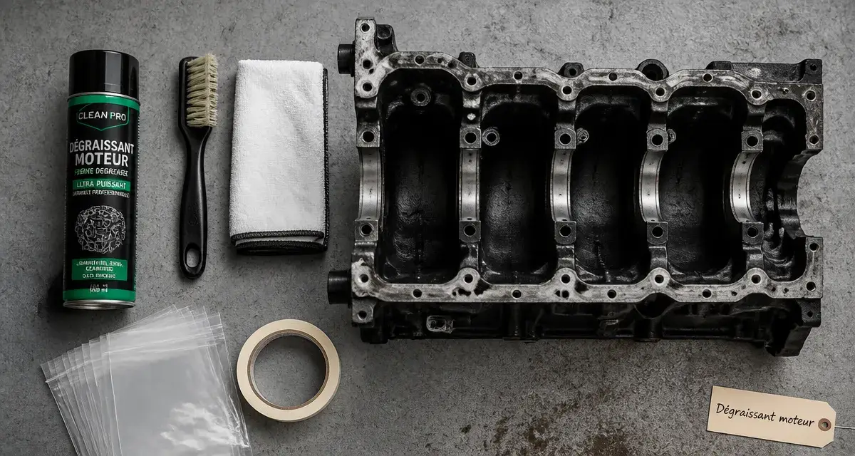 Nettoyer un moteur : dégraissant, brosse et chiffon microfibre sur établi