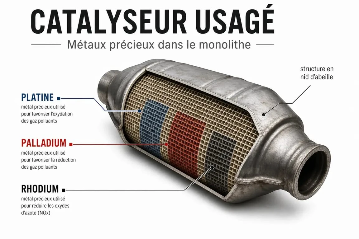 Métaux précieux catalyseur prix : schéma éditorial du platine, du palladium et du rhodium dans un catalyseur usagé