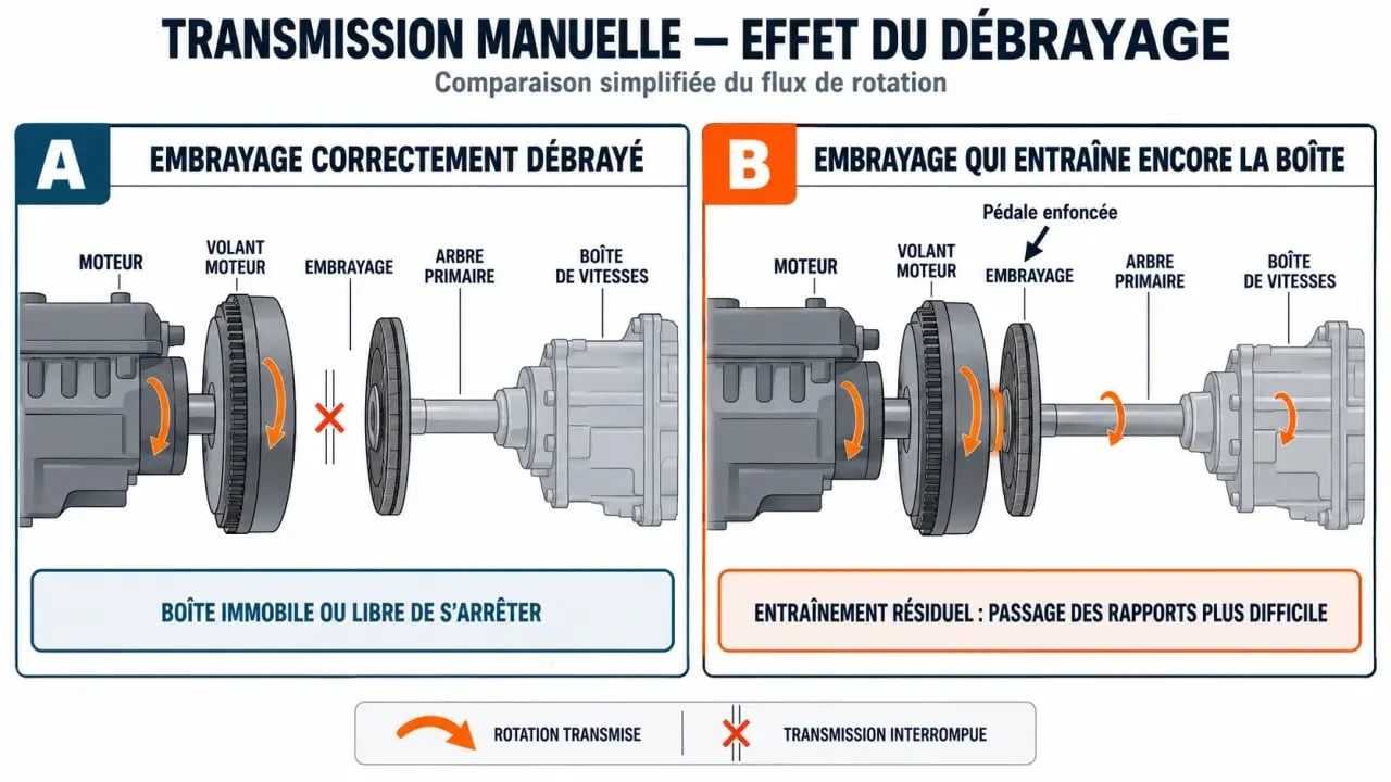 Schéma expliquant pourquoi la vitesse ne passe plus moteur allumé en cas de débrayage incomplet