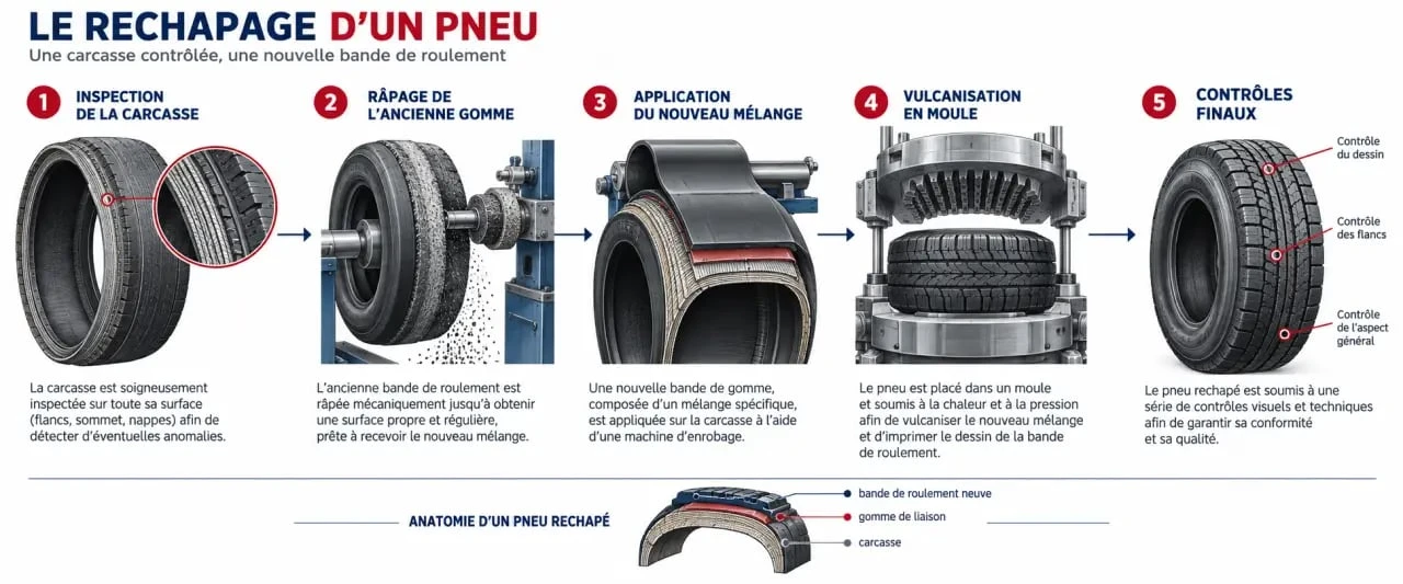 Schéma des étapes de fabrication d’un pneu rechapé, de l’inspection de la carcasse aux contrôles finaux