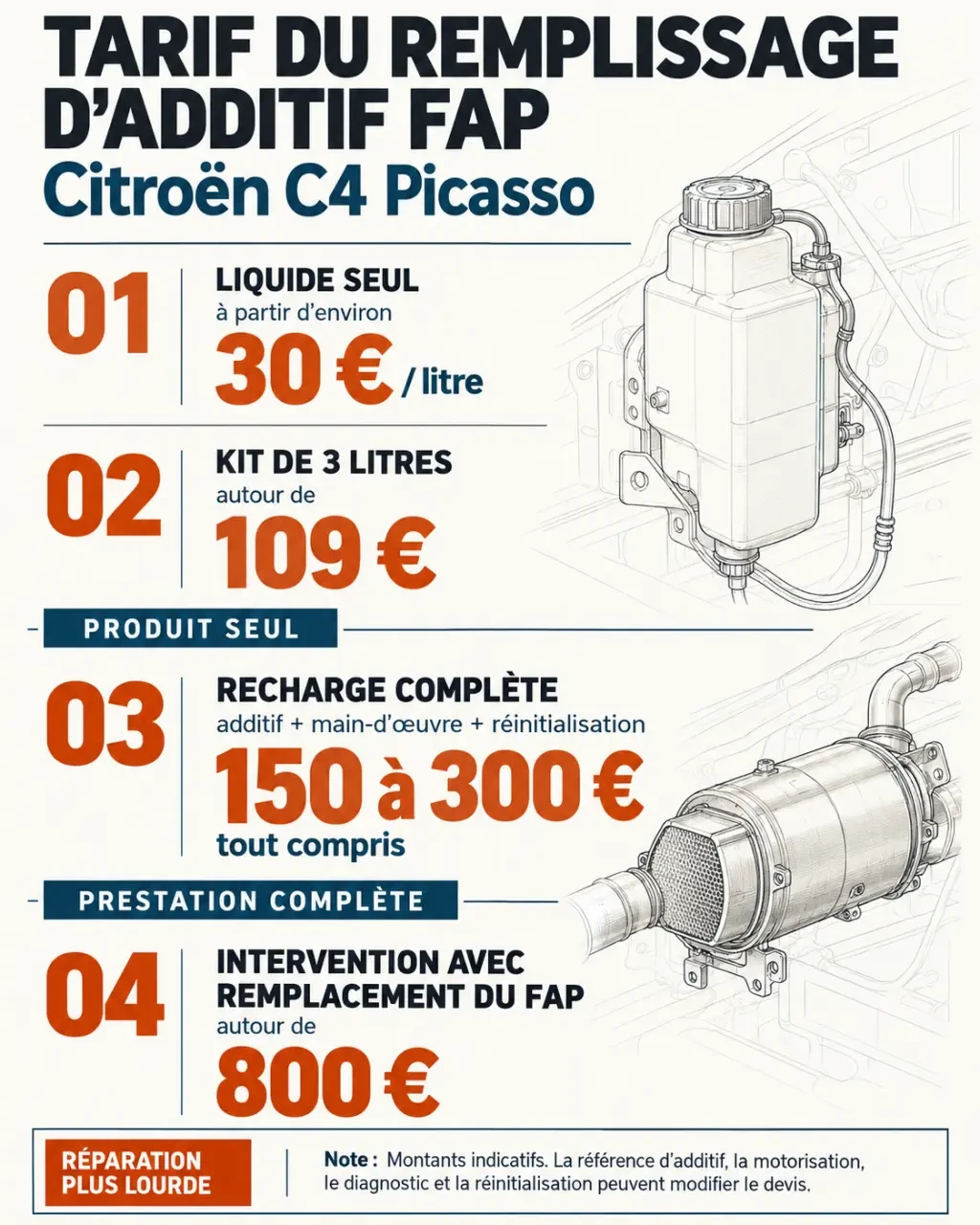 Infographie sur le remplissage additif FAP C4 Picasso tarif et les éléments du devis