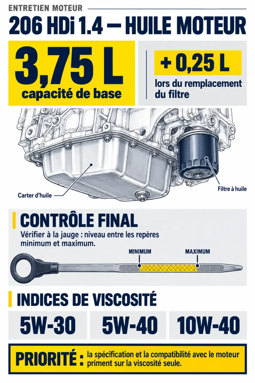 Infographie sur l’huile 206 HDi 1.4, la capacité de 3,75 litres et le contrôle à la jauge