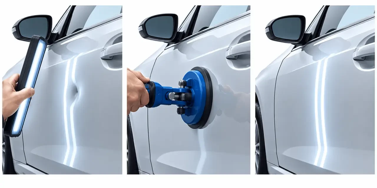 Étapes pour débosseler une voiture avec inspection du reflet et ventouse de carrosserie