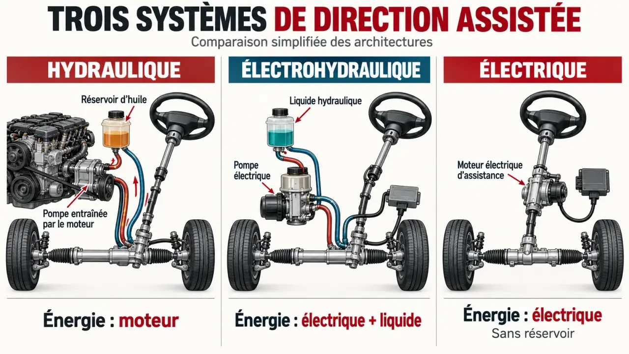 Schéma des systèmes utilisant ou non de l’huile de direction assistée