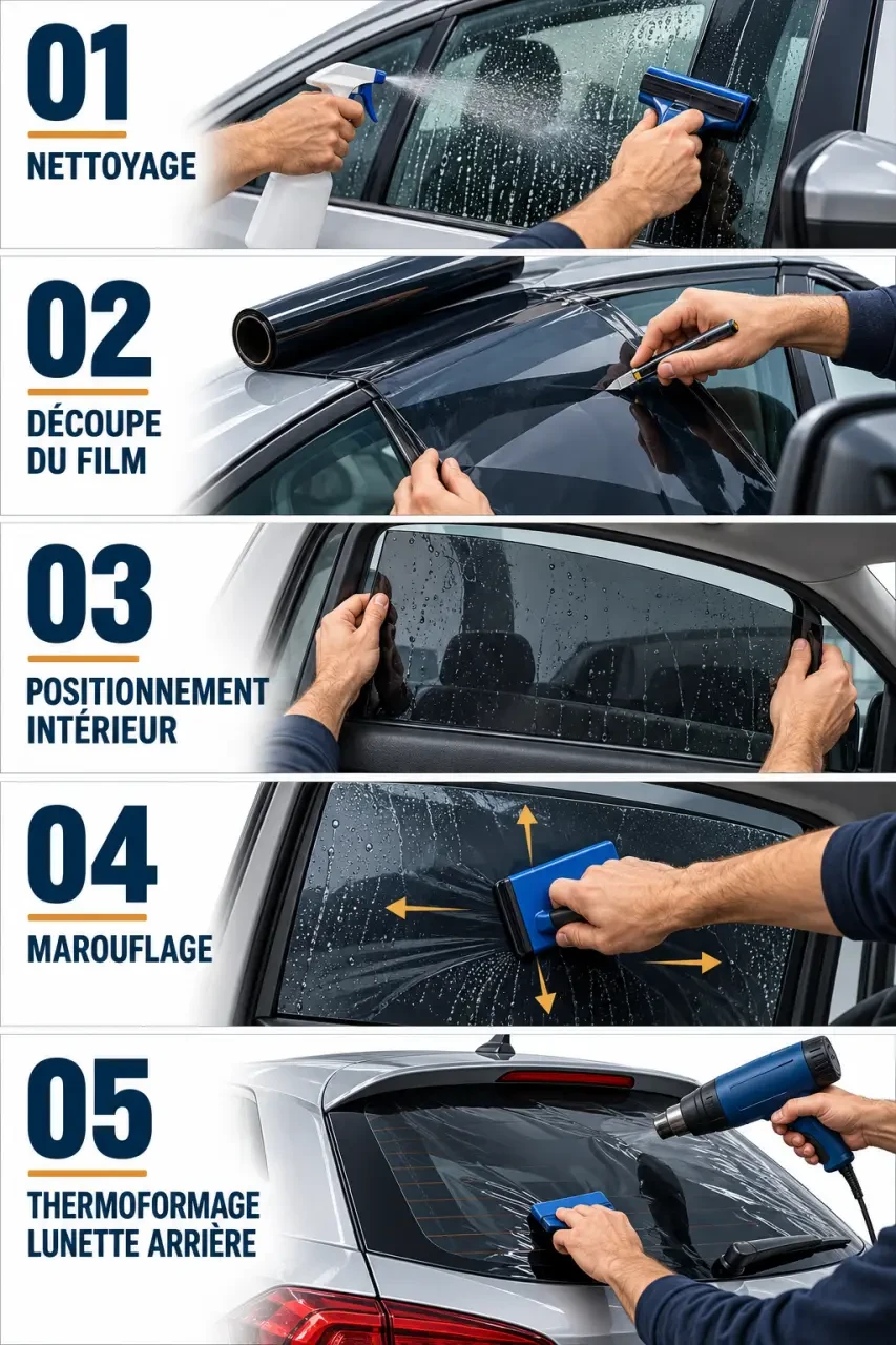 Étapes de pose de vitres teintées sur une voiture avec marouflage et thermoformage