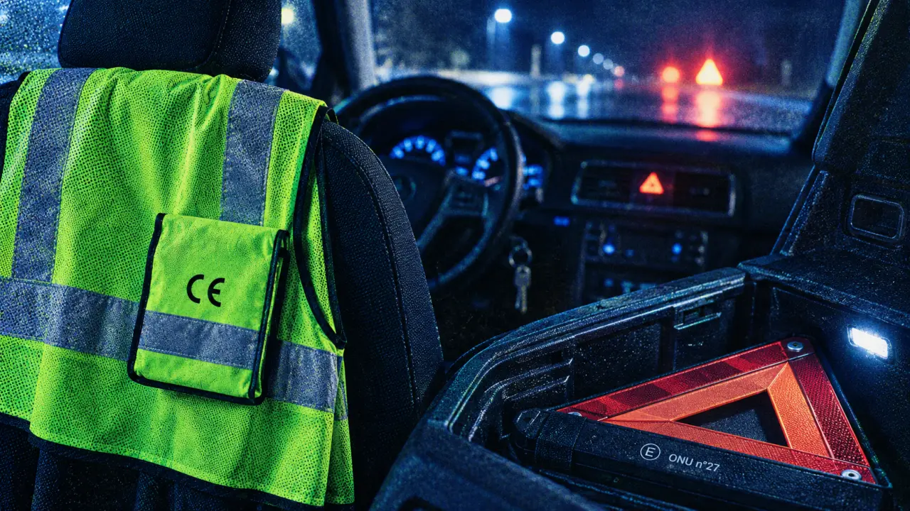 Kit de sécurité voiture : gilet haute visibilité et triangle homologué dans le coffre