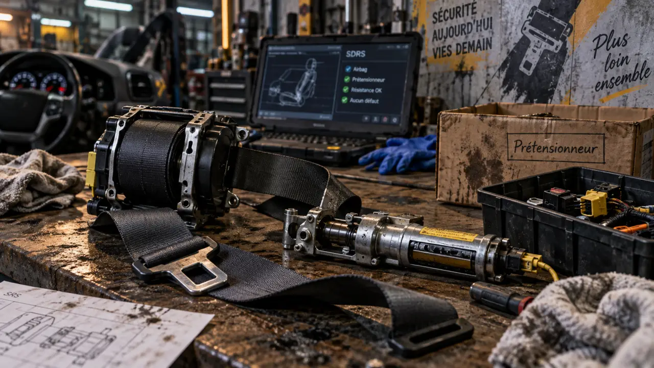 Prétensionneur de ceinture ouvert sur établi, pour diagnostic auto