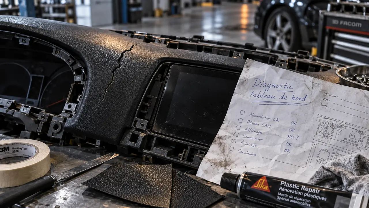 Réparation de tableau de bord : fissure plastique et écran LCD à réparer